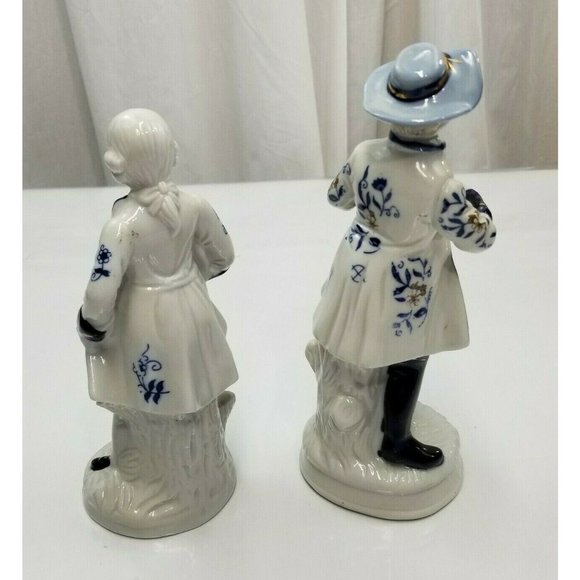 Vintage German Blue White Gold Victorian Ceramic Porcelain Figurine Set of two